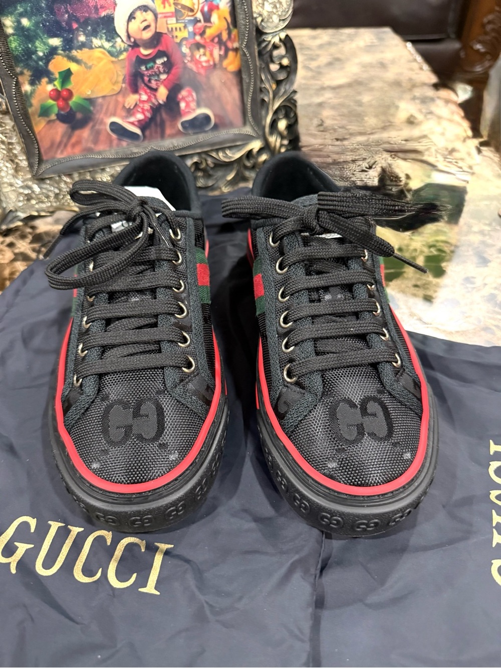 Gucci Off The Grid Tennis 1977 Black ECONYL Sneakers NIB Web Stripe 34.5 Wm/Kids - Picture 8 of 10